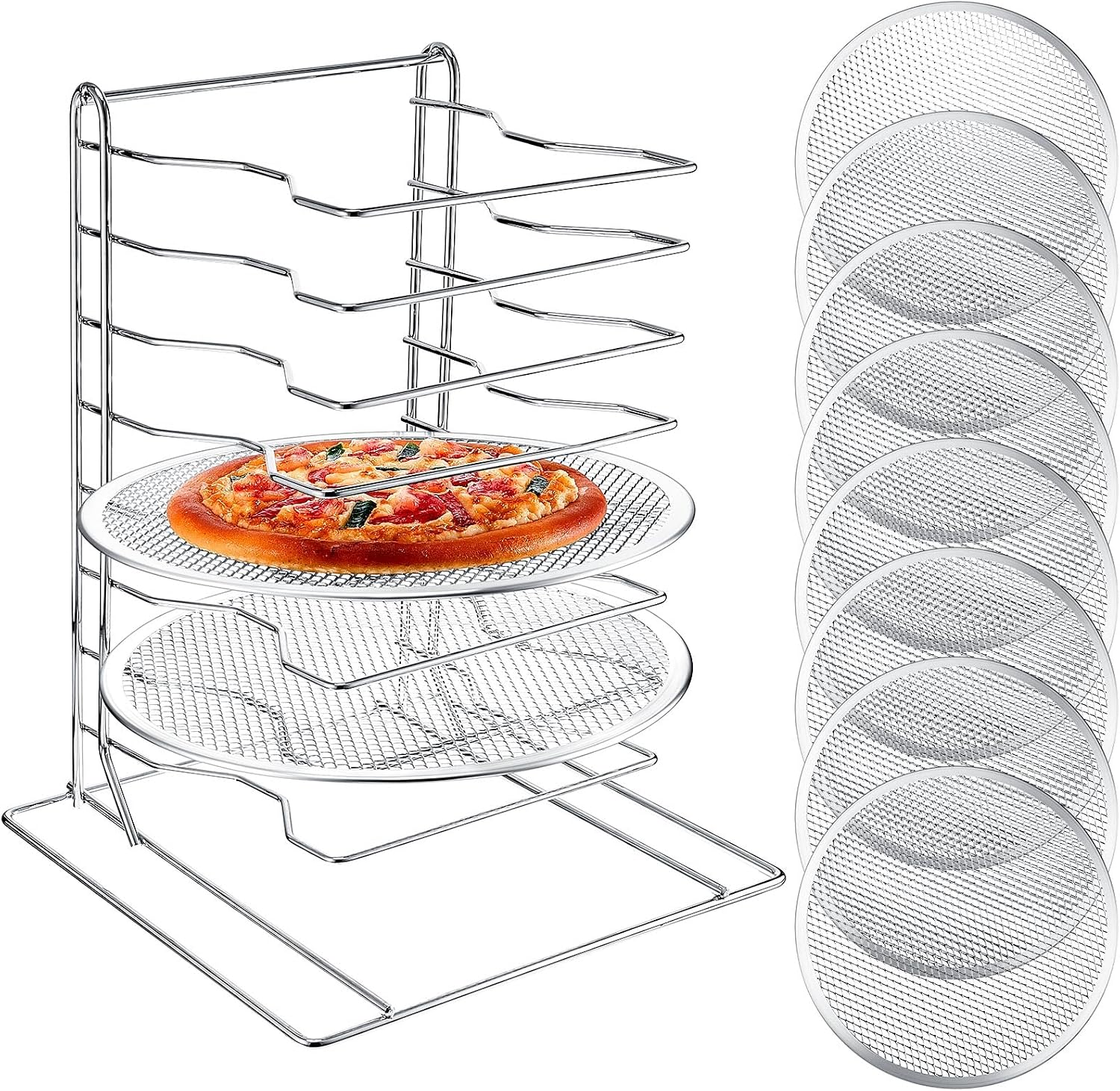 Kitchen Baking Set - ชั้นวางพิซซ่า 8 ชั้น พร้อมถาดอบอลูมิเนียม 8 ถาดที่มีรู