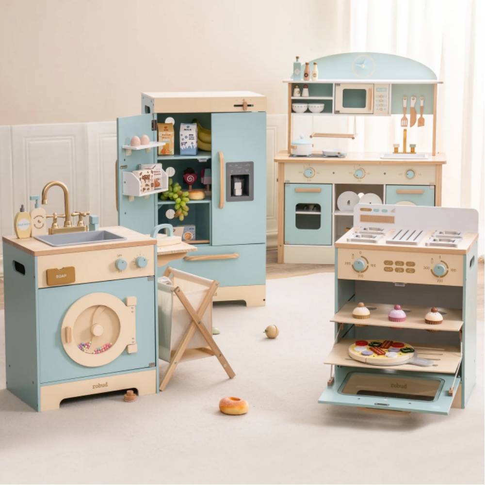 Baking Kitchen Robotime - Robotime Robud เครื่องซักผ้าครัว Playset เล่นห้องครัวตู้เย็นตู้เย็นเล่นของเล่นเตาอบไม้ Playset
