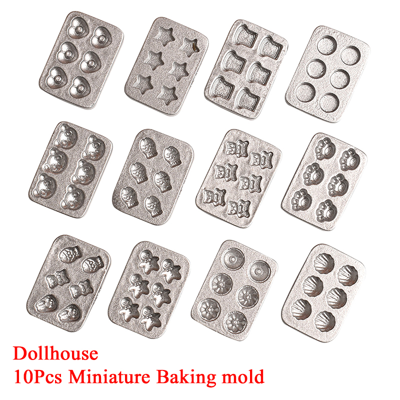 Kitchen Baking Tray - แม่พิมพ์อบขนมจิ๋วสำหรับบ้านตุ๊กตา 10 ชิ้น ฉากครัวจิ๋ว จานจิ๋ว แม่พิมพ์อบขนมรูปคนขนมปังขิง