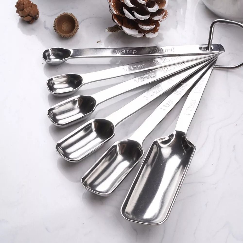 Baking Powder Kitchen - ช้อนตวงสแตนเลสสตีล6ชิ้นพร้อมสเกลเครื่องใช้ในครัวหัวสี่เหลี่ยมช้อนสำหรับทำอาหารผงฟูแบบพกพานมผง